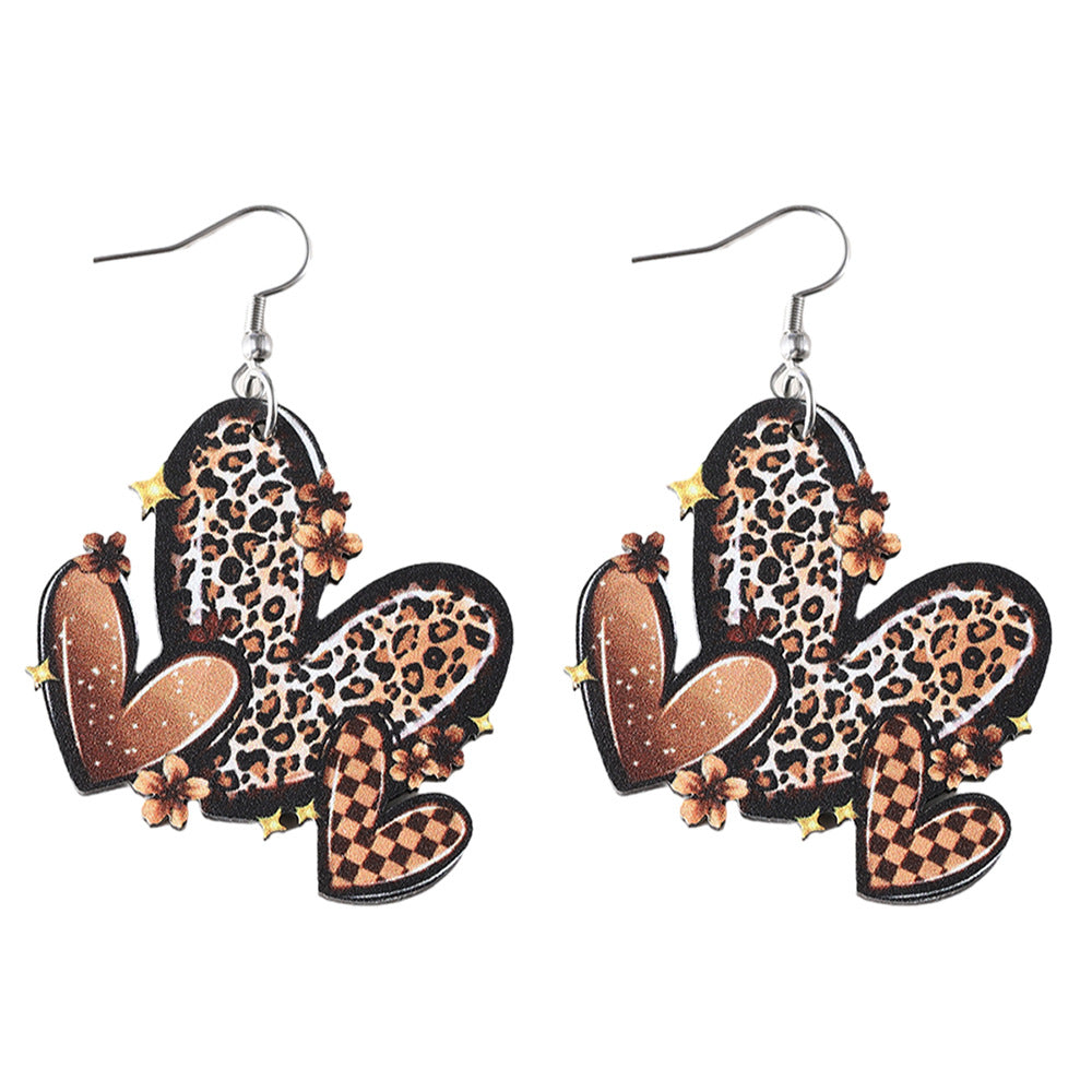 Wholesale Western style leopard print flower heart wooden double-sided earrings